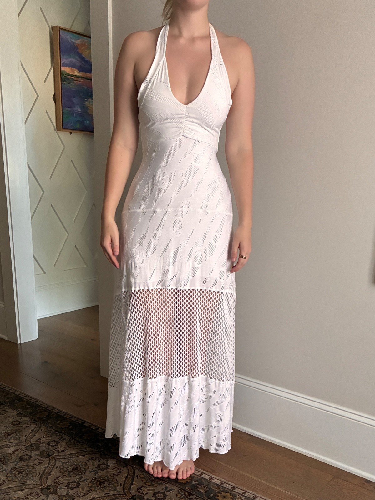 Autumn Teneyl White Dress Halter Mesh Maxi V Neck Open Back Stretchy Perforated