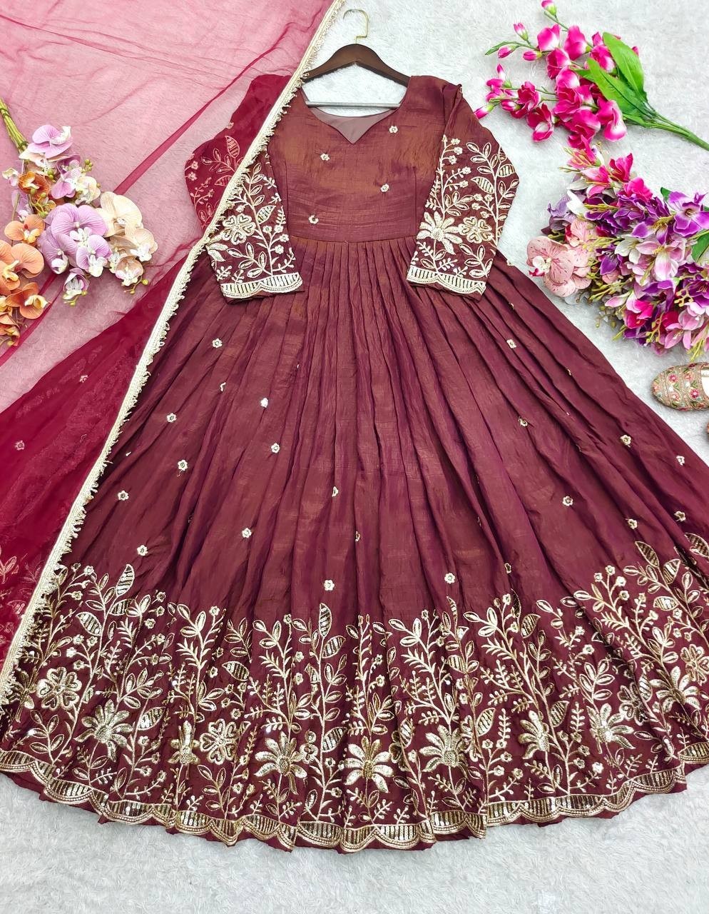 Presenting New Pure Vichitra Silk Maroon Gown With Dupatta For Ethnic Wear