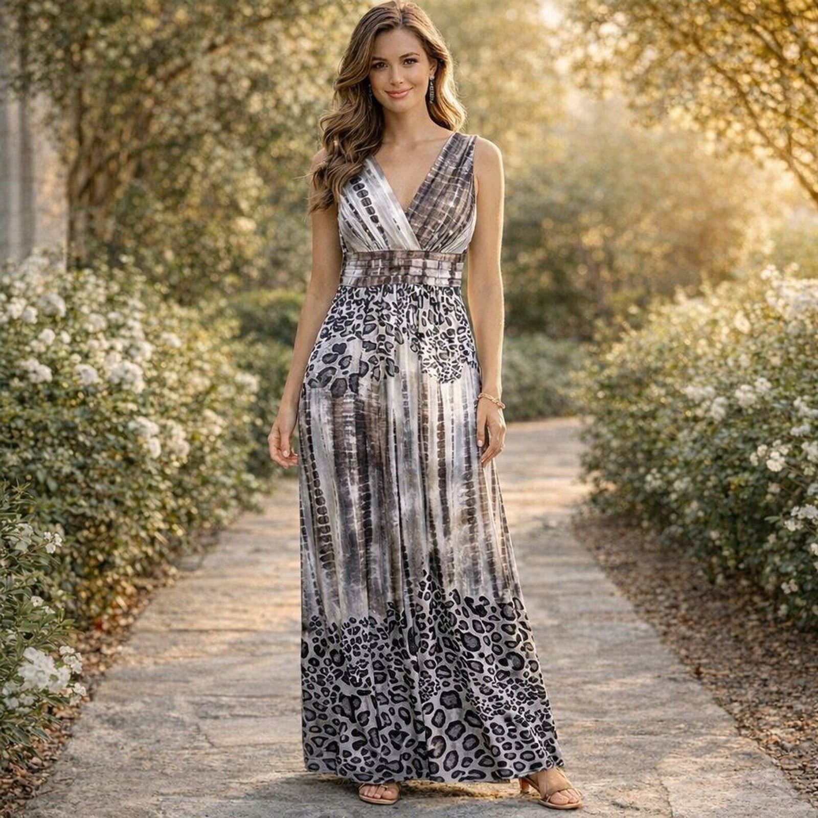 Dressbarn Dress Maxi Stretchy Vintage Y2K Animal Print Gray White Tan Black 4