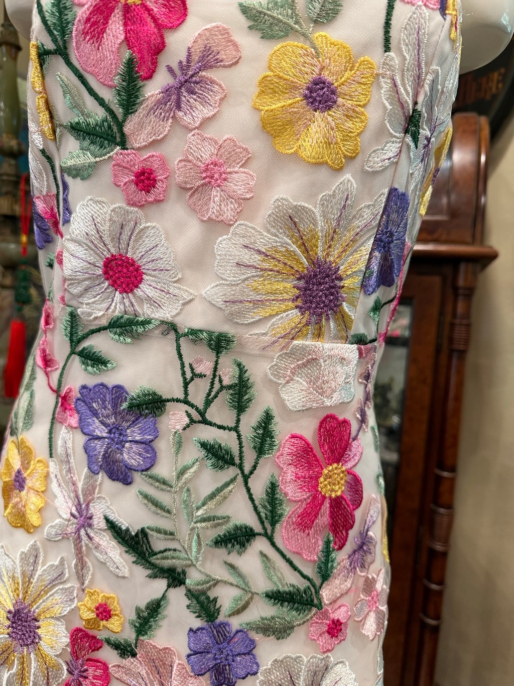 Floral Embroidered Lace Mini Dress Size S Strapless Colorful Mesh Overlay Weddin
