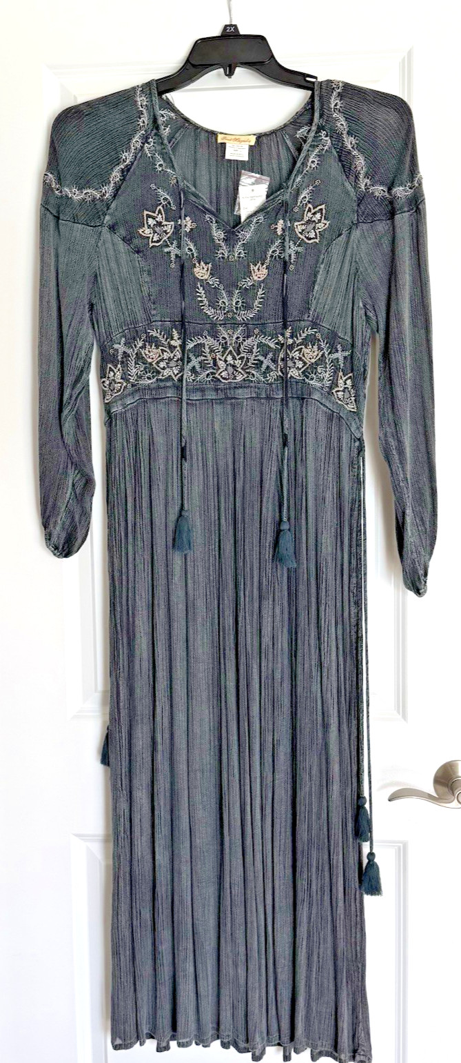 Sweet Magnolia Embellished Boho Prairie Beaded Maxi Dress Size Large Gray Teal
