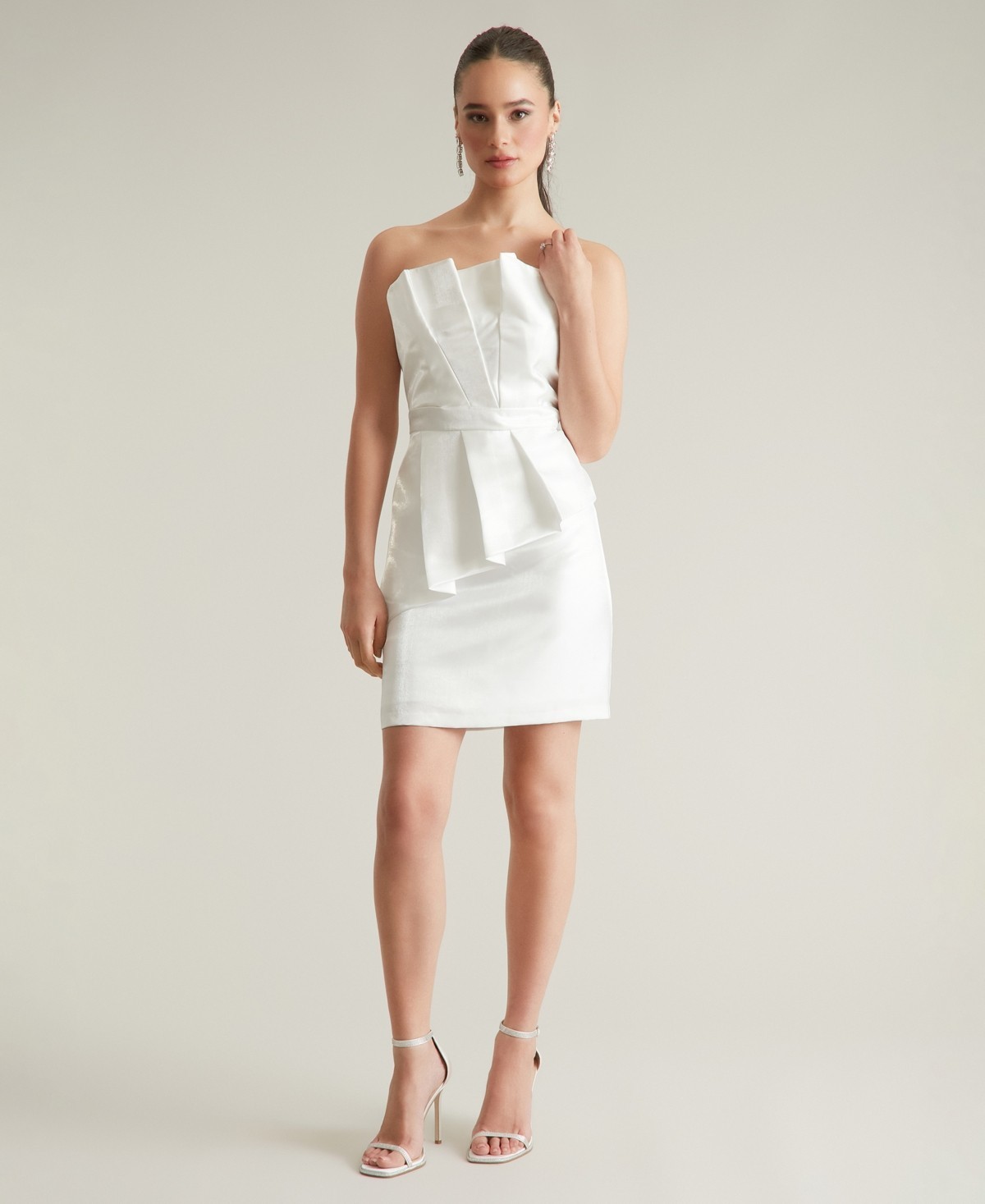 Ivy + Blu Pleated Bustier Peplum Mini Dress Women’s 12 Ivory Back Zip Closure