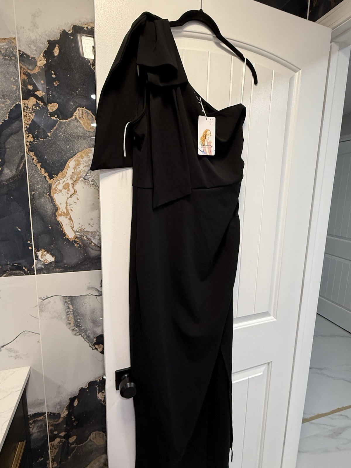 PrettyGarden Women’s Black Solid One-Shoulder Bow Maxi Dress Long Size L
