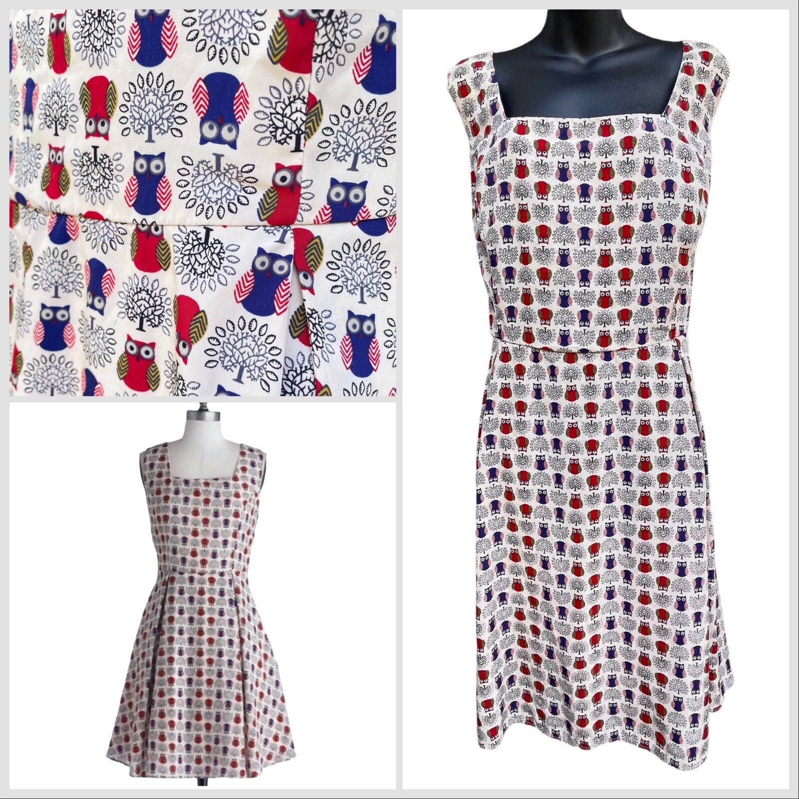 Summer Owl Print Sleeveless Fit & Flare Midi Dress Back Tie Women’s 1X Plus