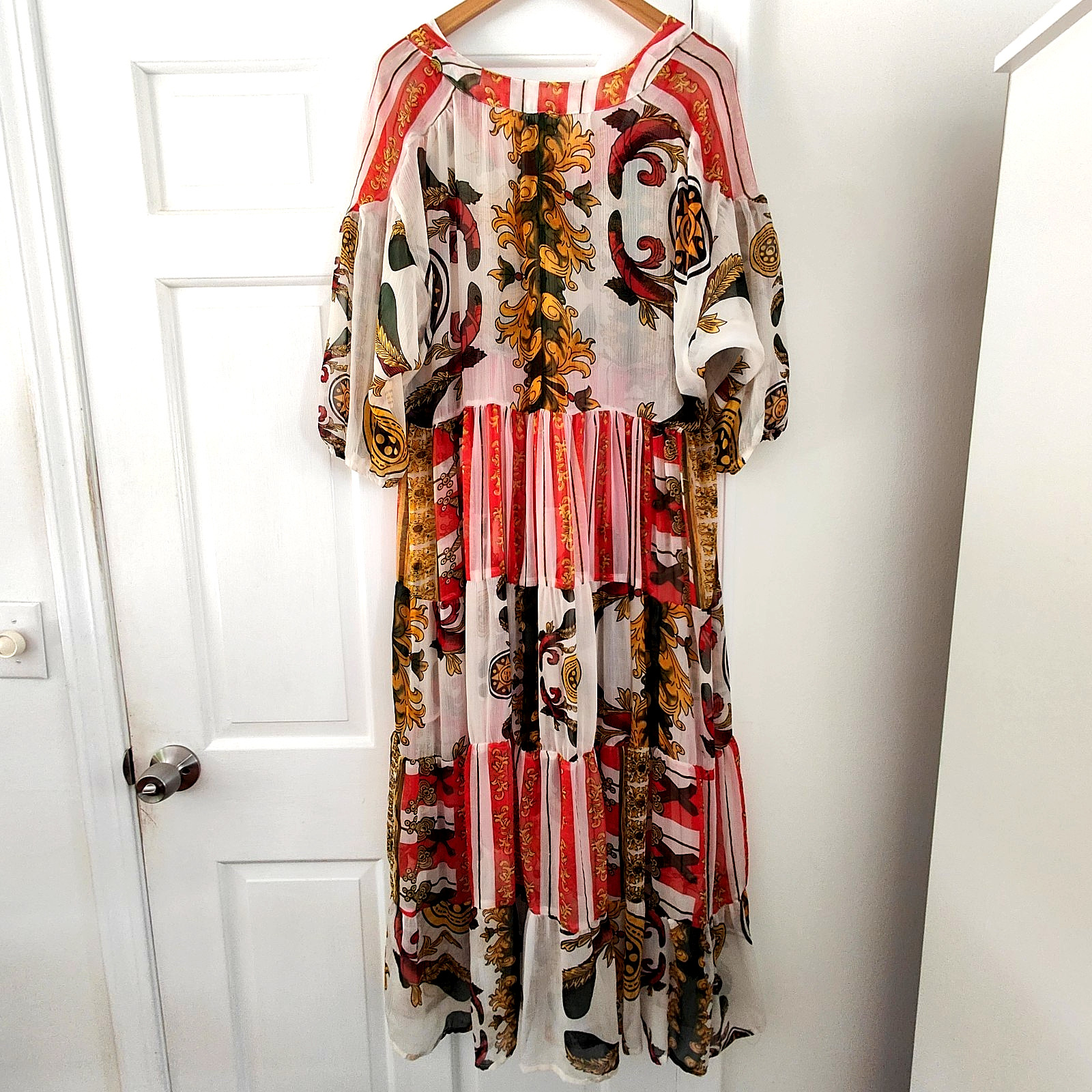 Antica Sartoria Red Gold Baroque Design Maxi Dress Boho Ethereal Party Wedding