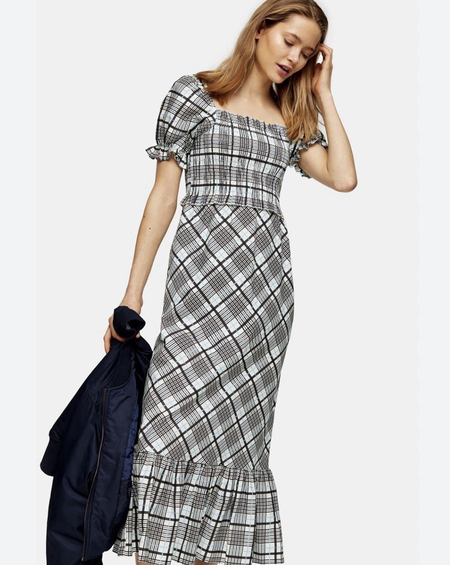 Topshop Maxi Milkmaid Style Smocked Dress Size 12 white blue black checkered