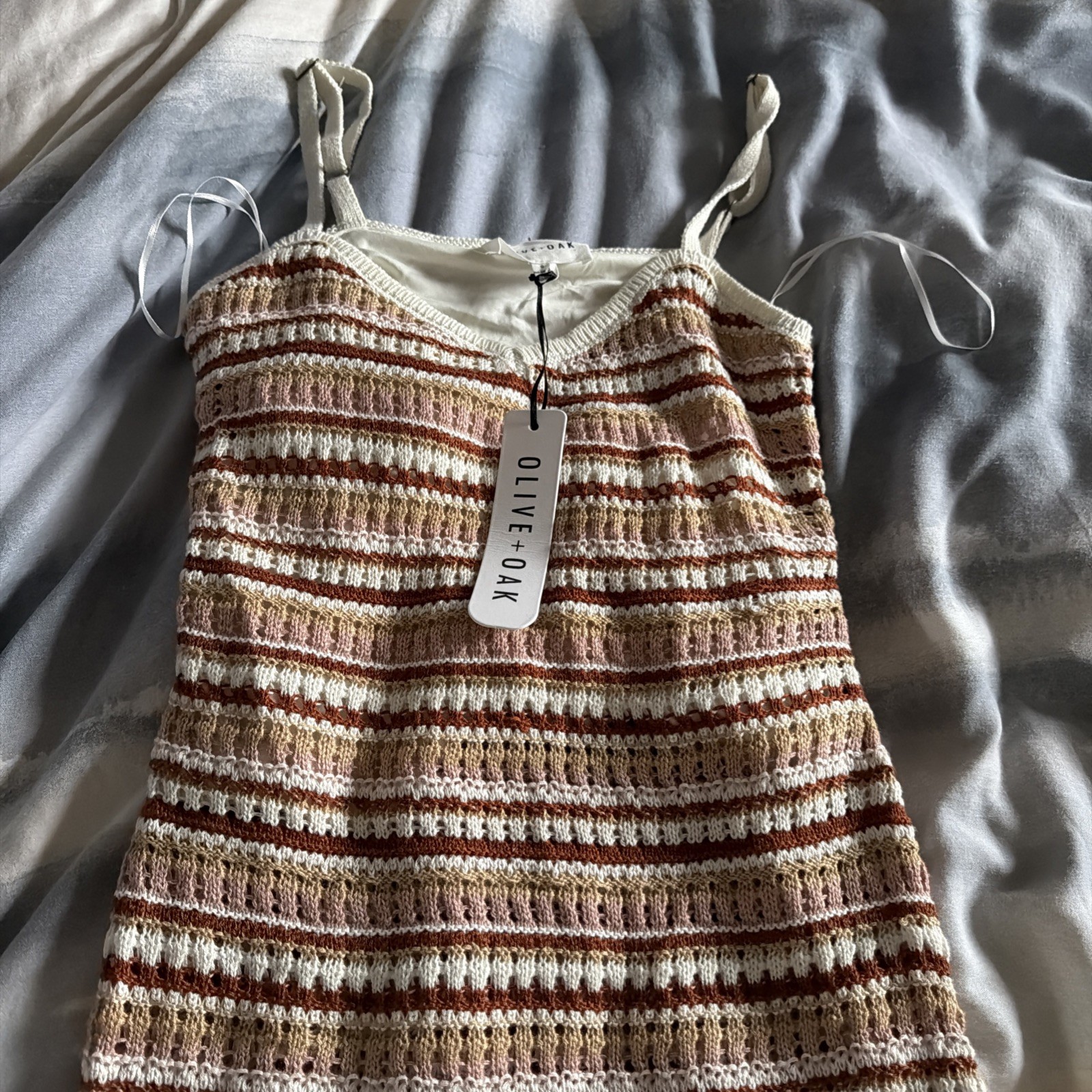 Olive + Oak Crochet Knit Dress Size S Tan Combo Striped Spaghetti Strap Boho NEW
