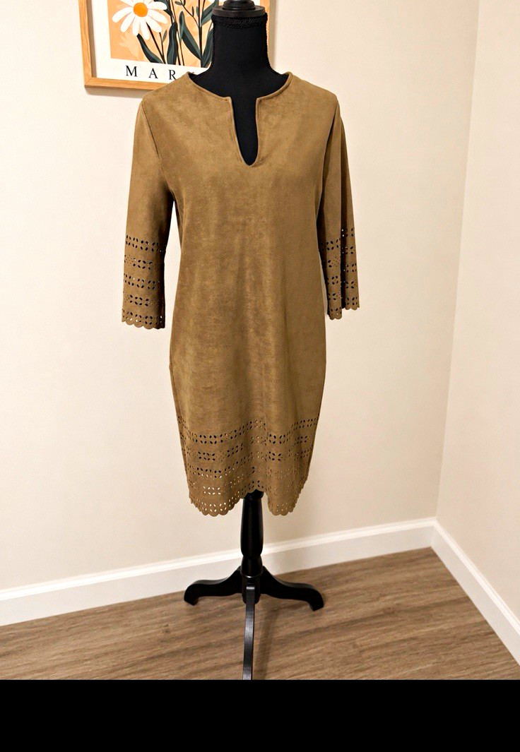 Karen Kane Faux Suede Laser Cut Sheath Dress Split Neck Medium Made USA