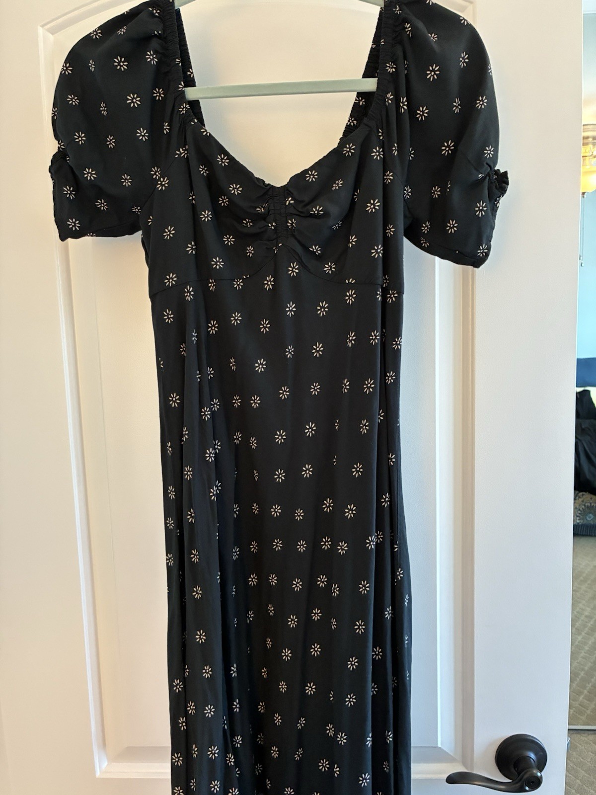 Madewell Puffed Sleeve Midi Dress Back Stardot Print sz 0 Sweetheart Neck Nice!