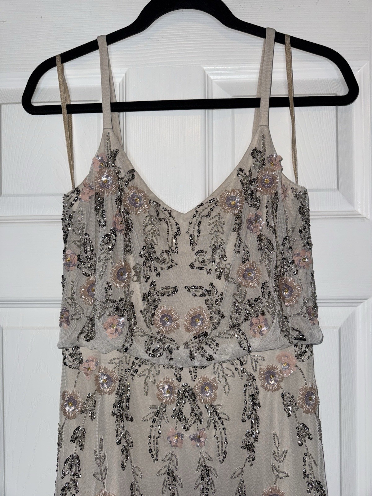 ADRIANNA PAPELL Ivory Pink Silver Embellished Beaded Floral Mesh Blouson Gown 6