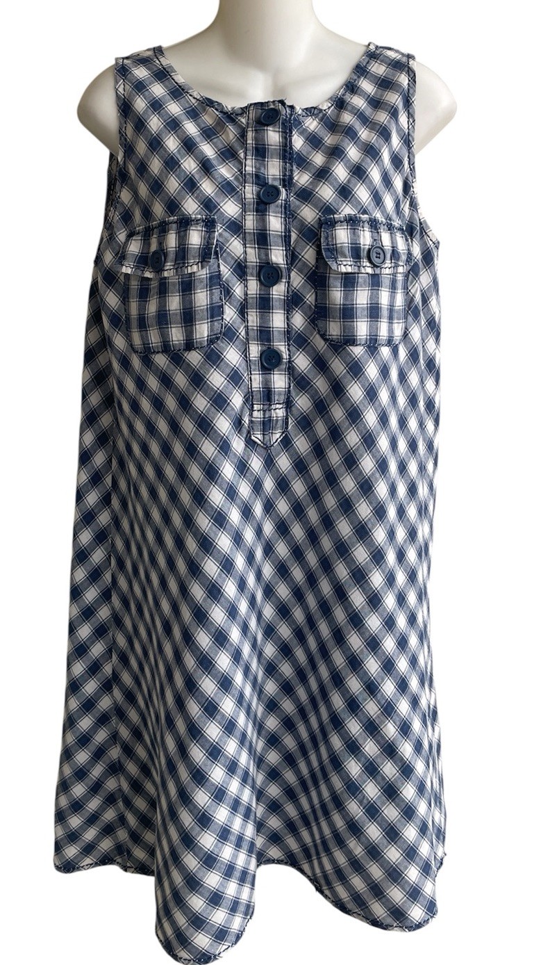 Max Edition Navy White Plaid Shift Dress Chest Pockets Coastal Woman’s Medium