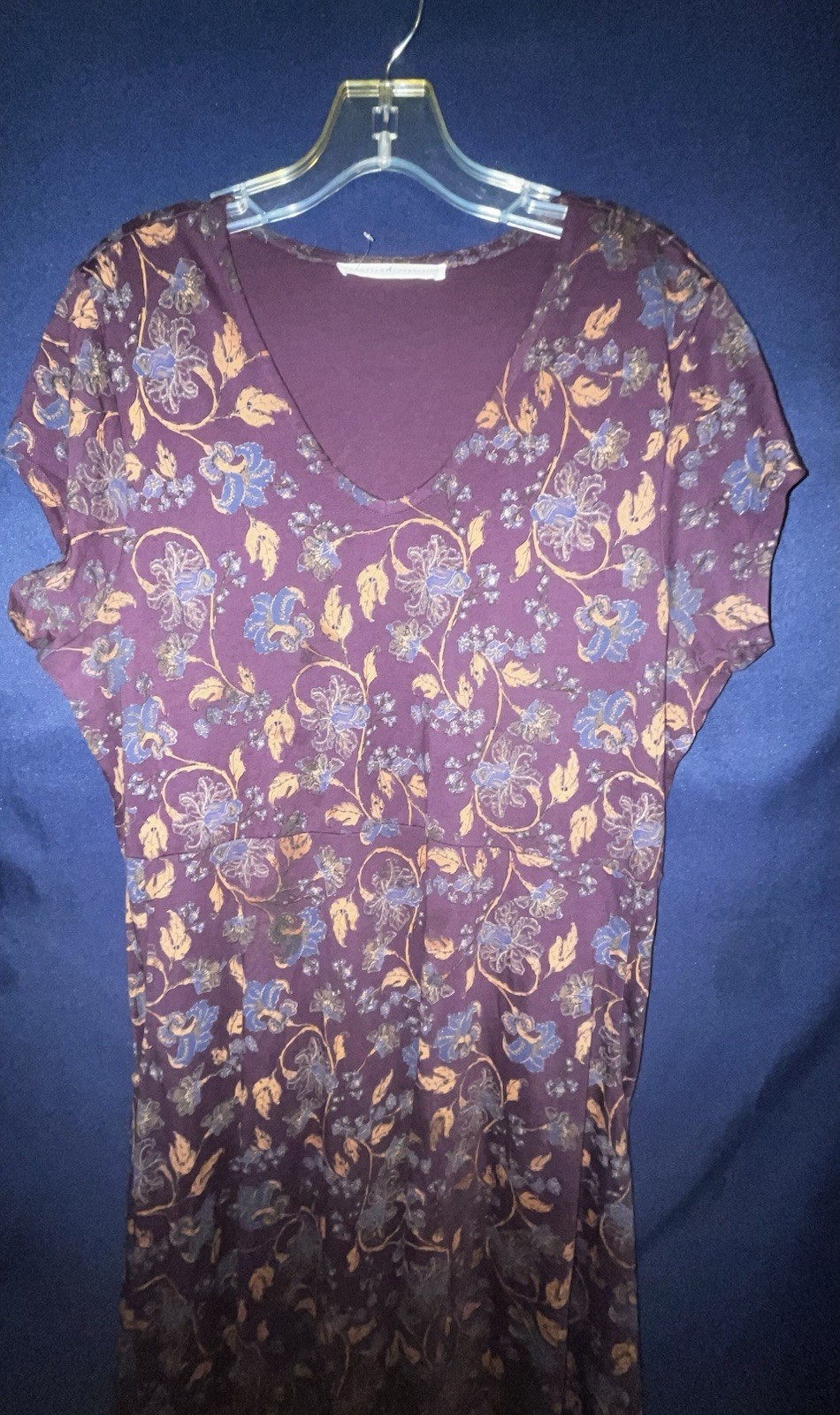 Women’s Purple Blue Tan Floral V-Neck Short Sleeve fit flair maxi Dress sz xl