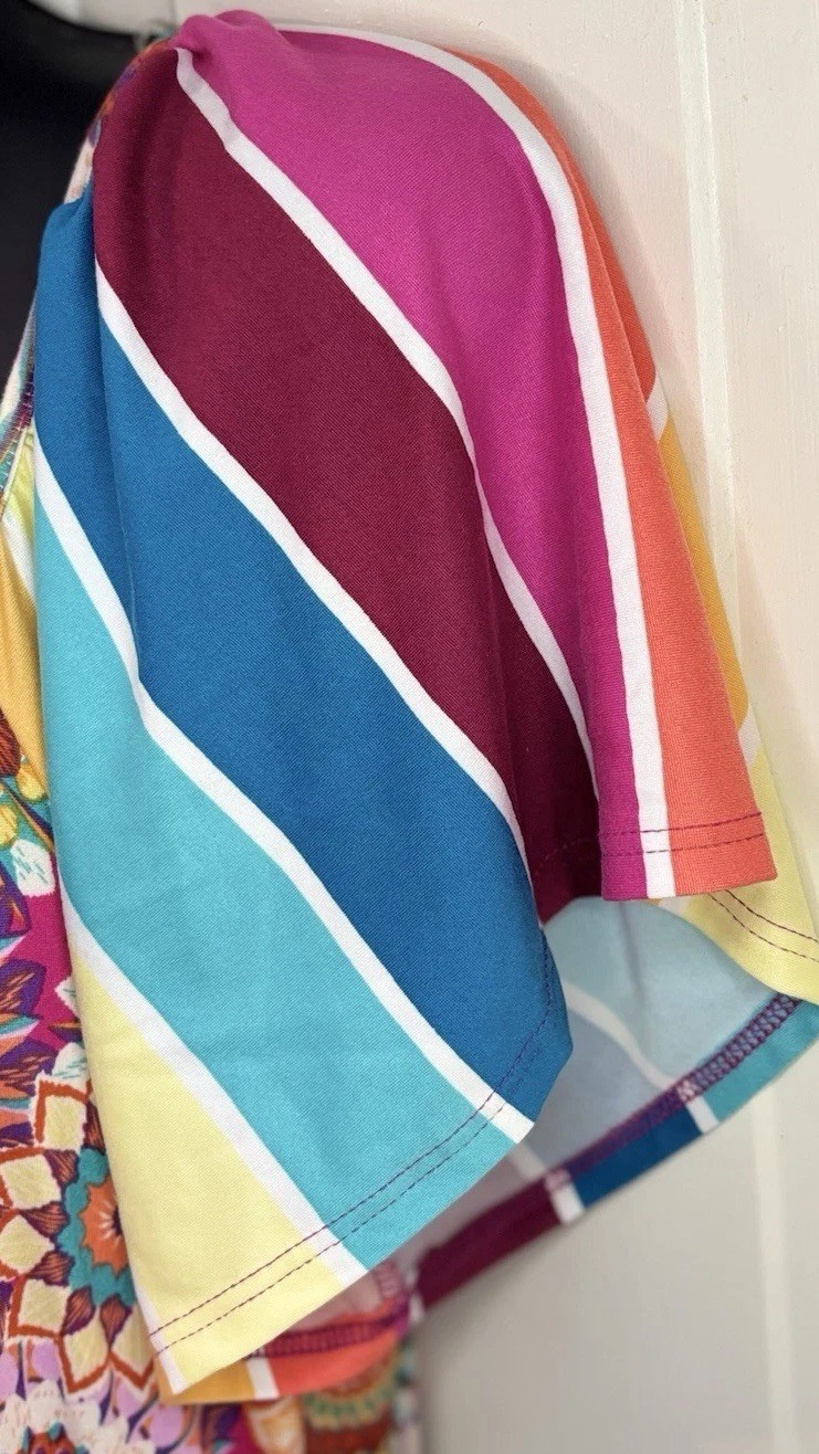 Haptics Holly Harper Maxi Dress L Rainbow Stripe Boho Floral Flutter Sleeve