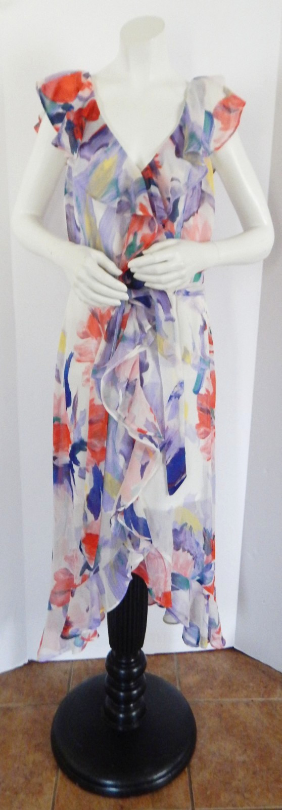 Harper Rose Watercolor Floral Ruffle V-Neck Lined Below Knee Dress Size 4
