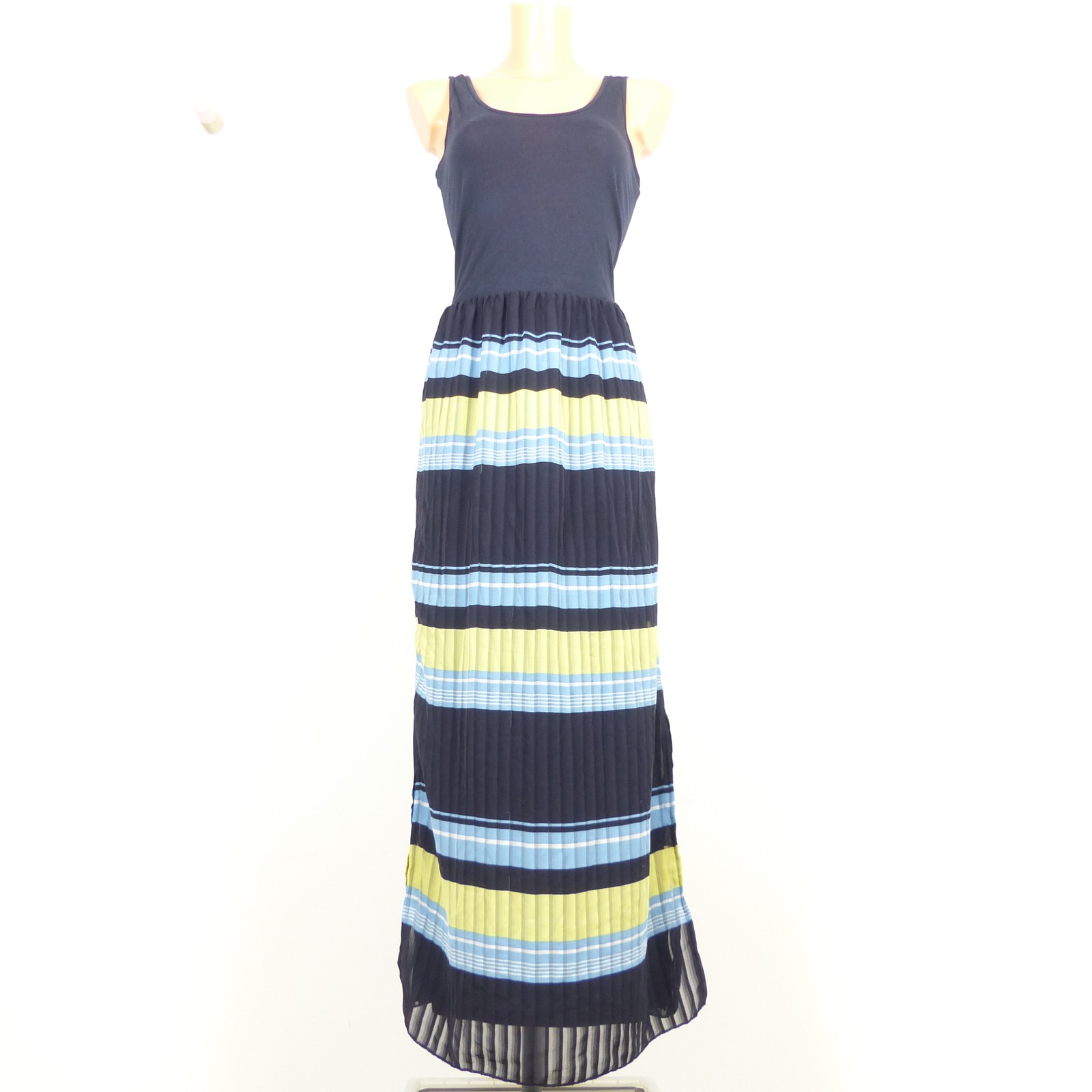 Esprit chiffon maxi dress pleated skirt stripe blue yellow size M