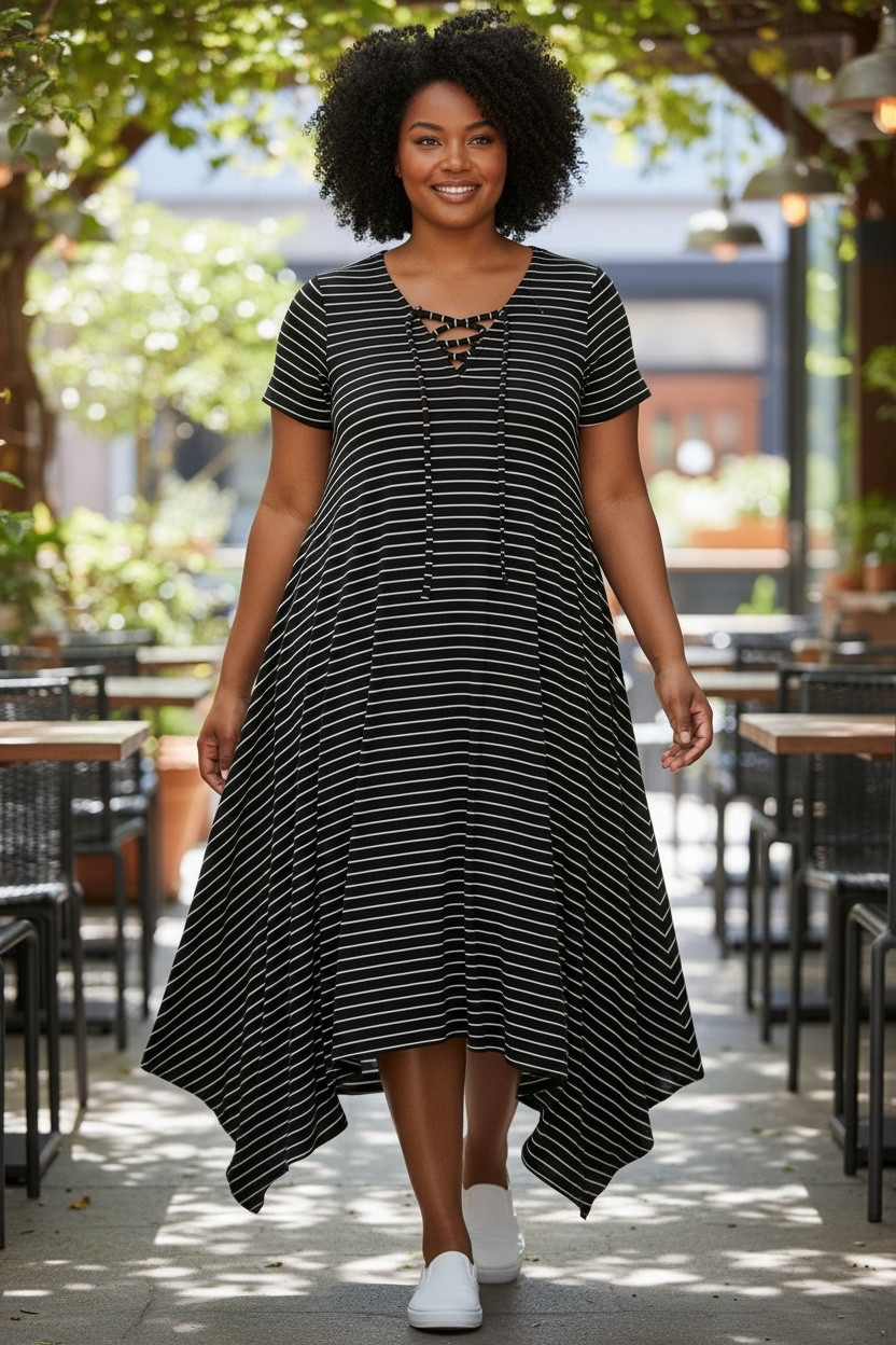 Torrid Black and White Striped Lace-Up V-Neck Handkerchief Hem Knit Dress Size 1