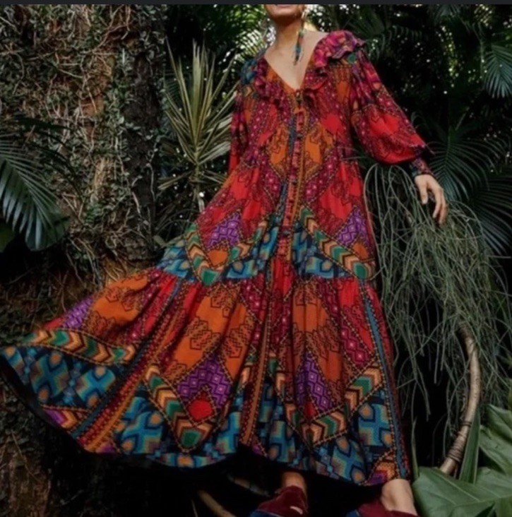 Farm Rio Yawanawa Stripes Ankle Maxi Dress Women Small Colorful Long Sleeve