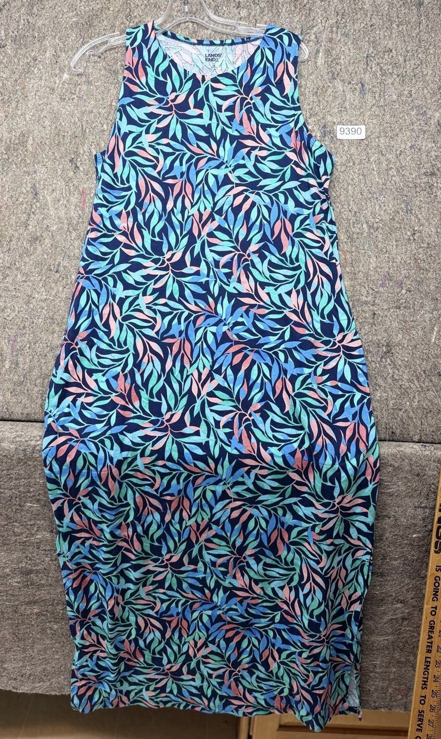 Lands End Dress Sleeveless Midi Maxi Botanical Blue Colorful Cotton Pockets M