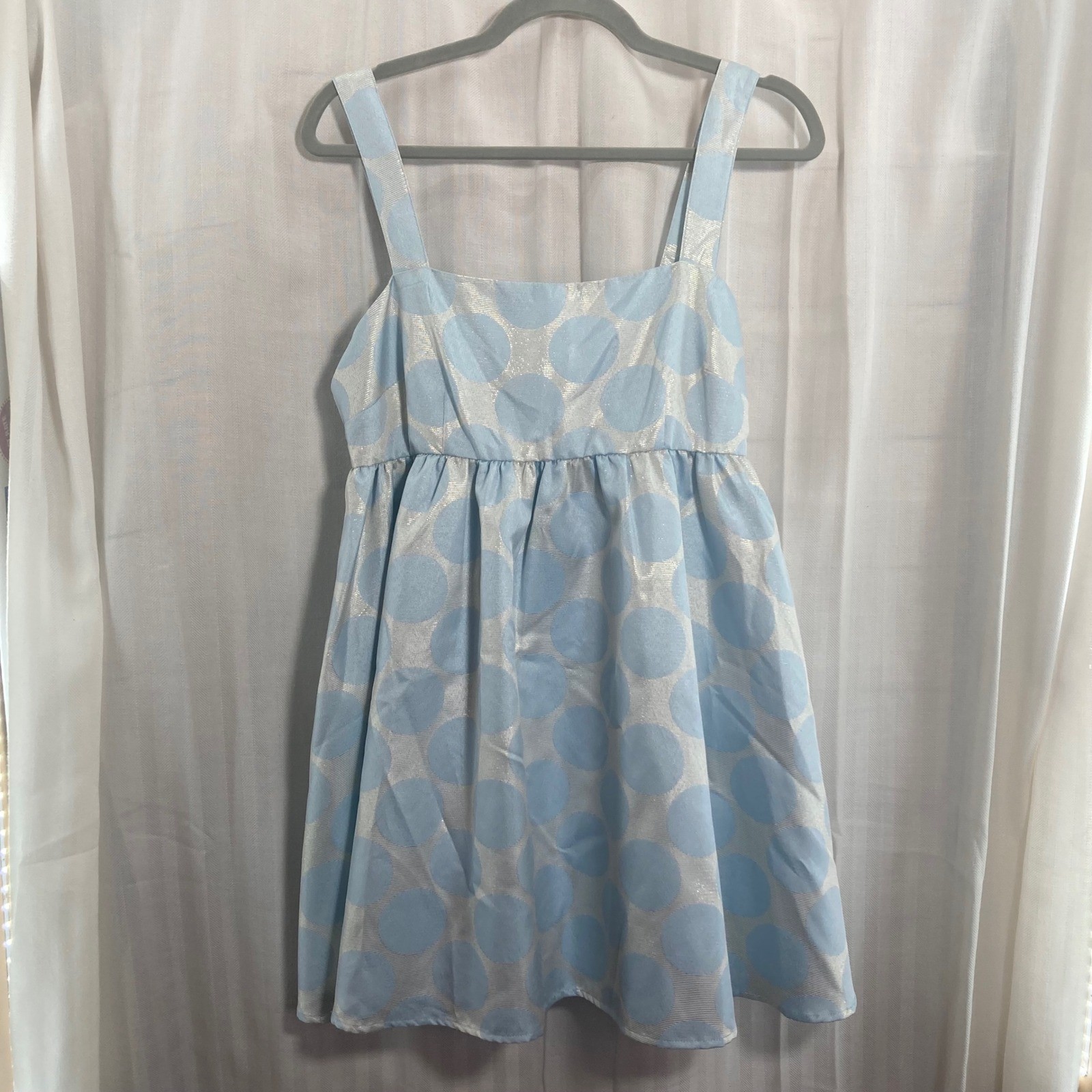 Forever 21 Baby Doll Dress Light Blue Silver Polka Dot Square Neck M Coquette