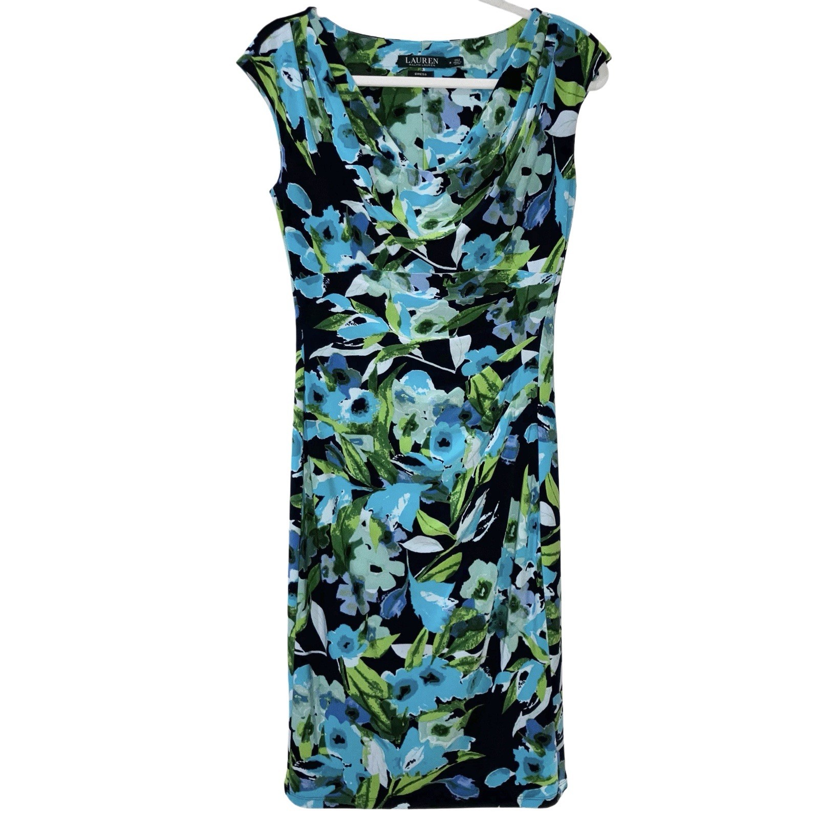 Lauren Ralph Lauren Garden Party Dress Aqua Floral Draped Ruched Stretch Sz 4