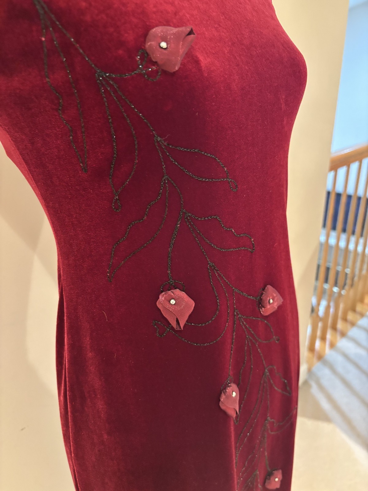 Lined Dark Red Flower Appliqué with Diamond Accent Dress