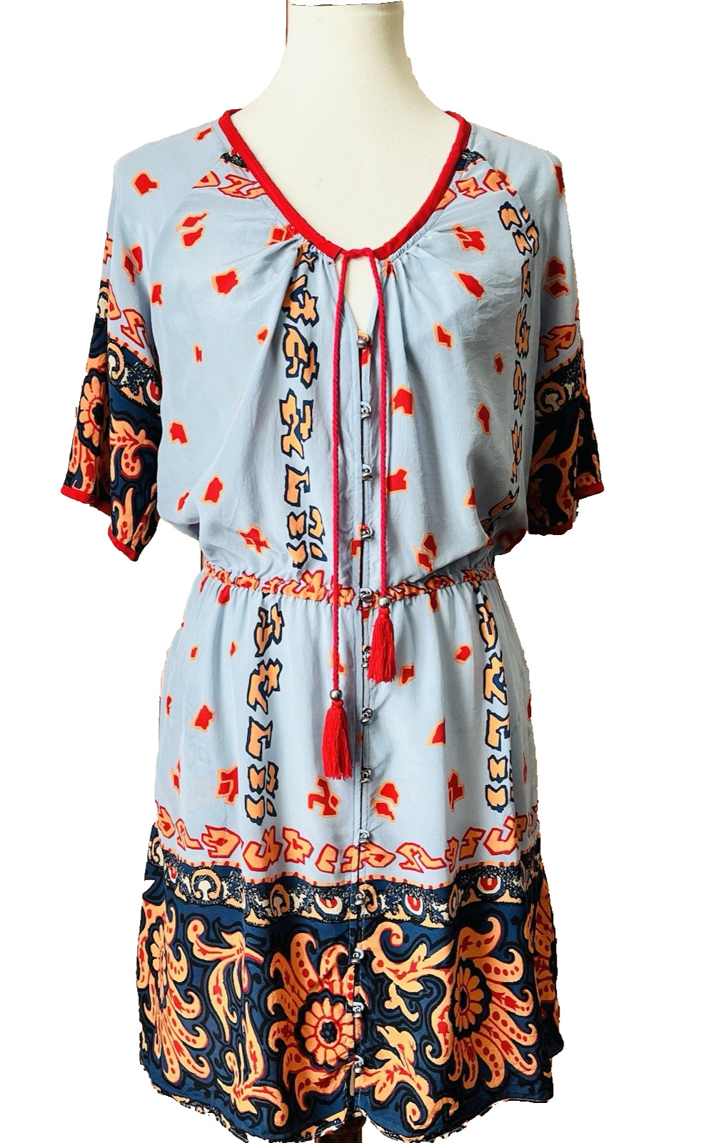 Plenty by Tracy Reese Silk Tassel Blue & Red Boho Print Mini Dress Size P