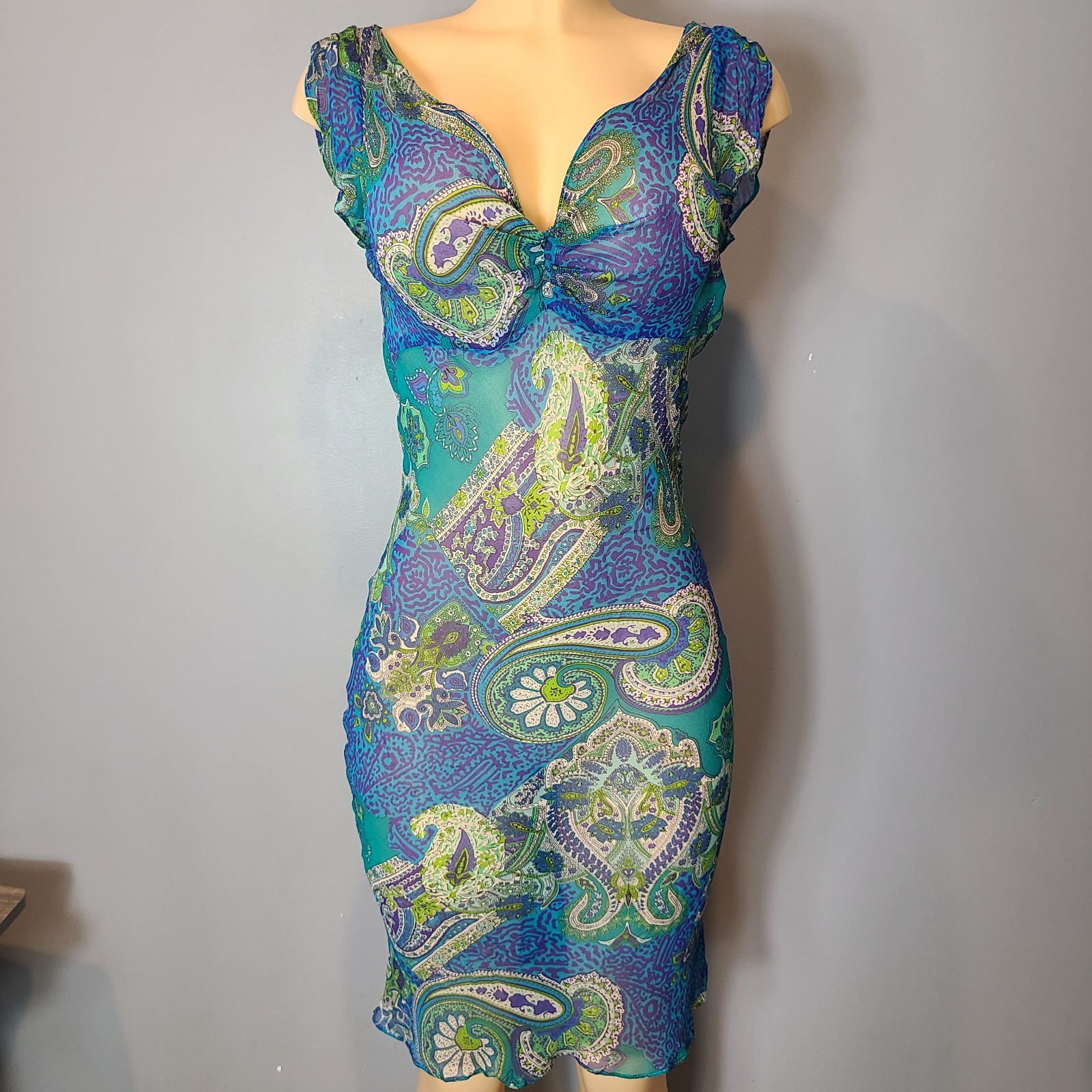 Vtg Y2K Silk Midi Dress Women Sz Small Dainty Paisley Fairy Grunge 90s Sheer