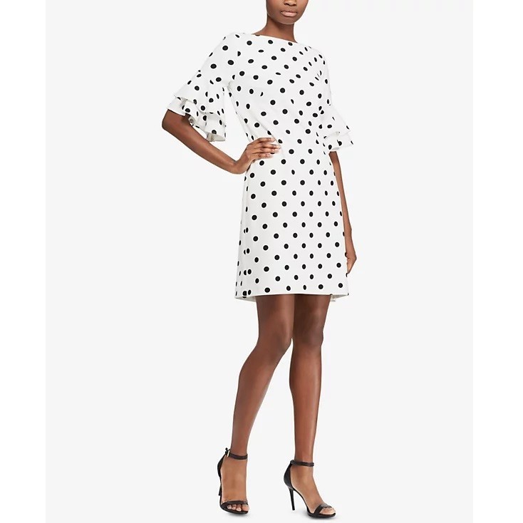 LAUREN Ralph Lauren Polka-Dot Boat Neck Ruffled Bell Sleeves Shift Mini Dress, 2