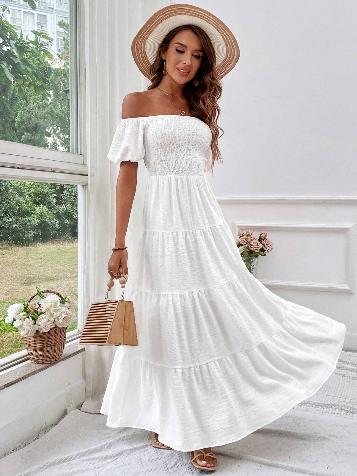 Elegant ladies off shoulder holiday dress in white