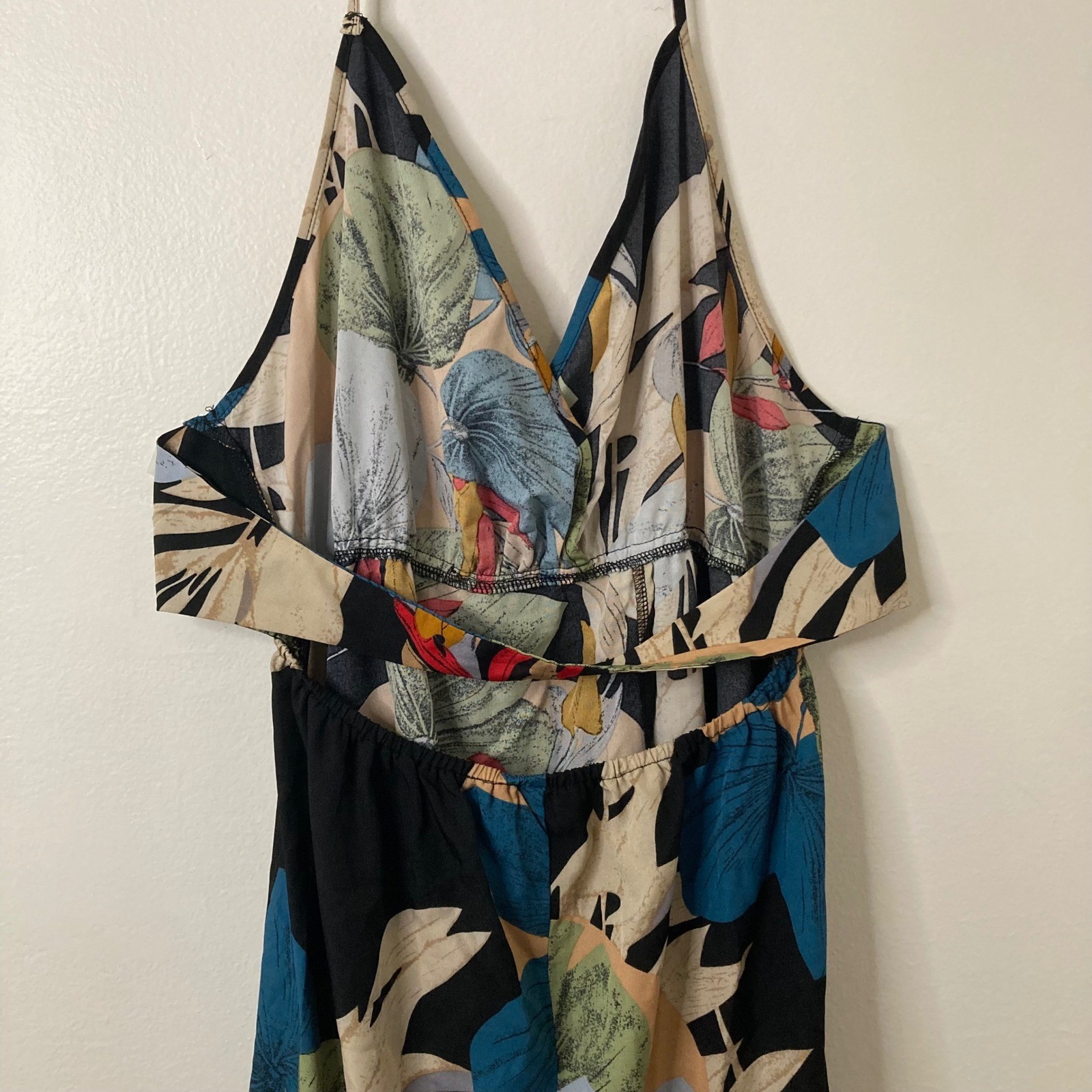 Boho Floral Tropical Halter Wrap Open Back Maxi Sundress XL Botanical Vacation