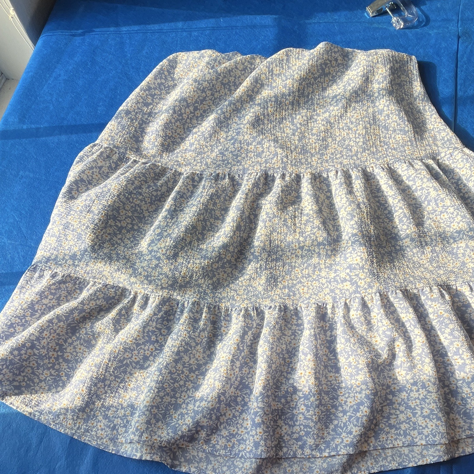 Monteau Blue White Floral Smocked Puff Sleeve Midi Dress Square Neck Cotton M