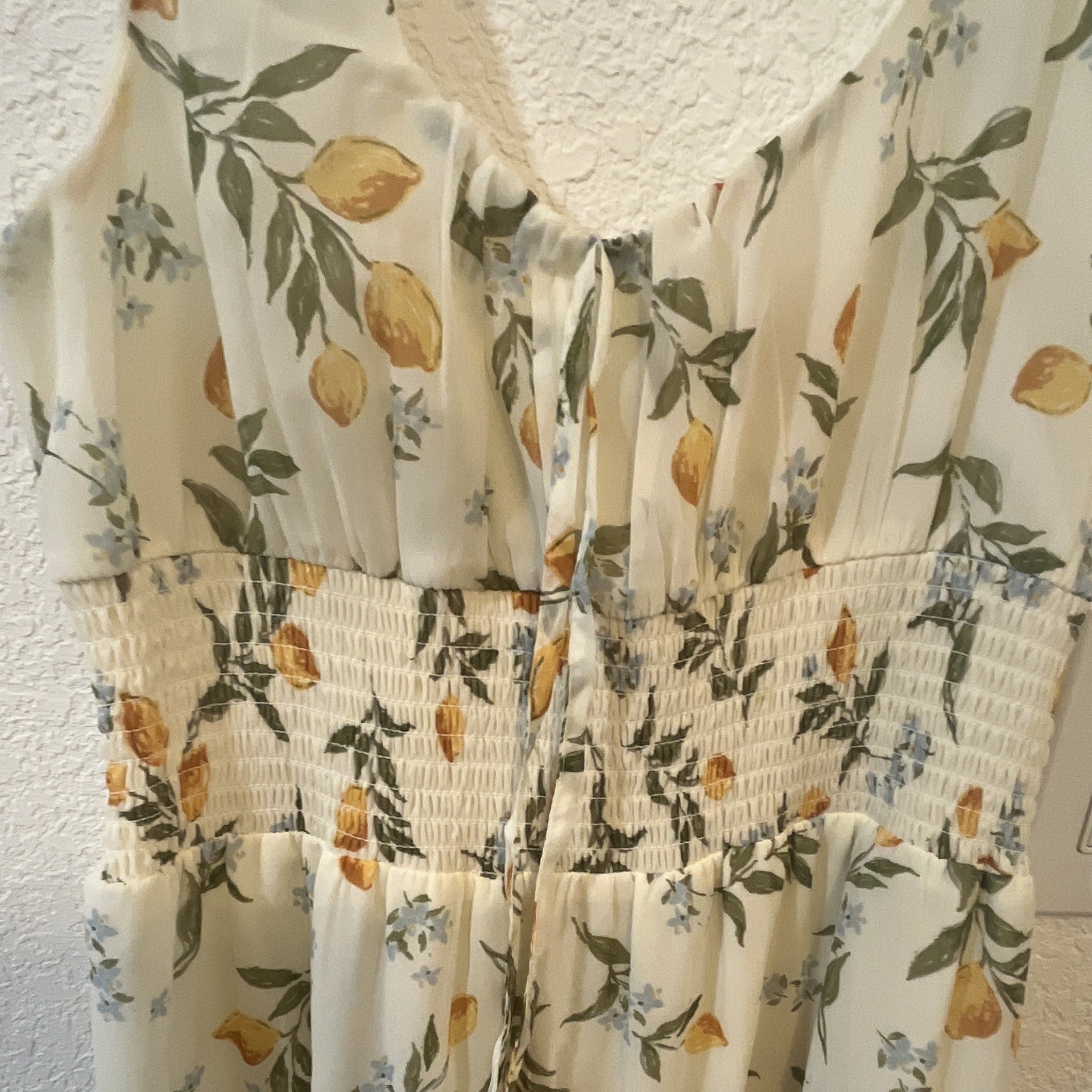 Sincerely Jules Floral Ivory/Green/Yellow/Blue V-Neck Smocked Midi Sundress M