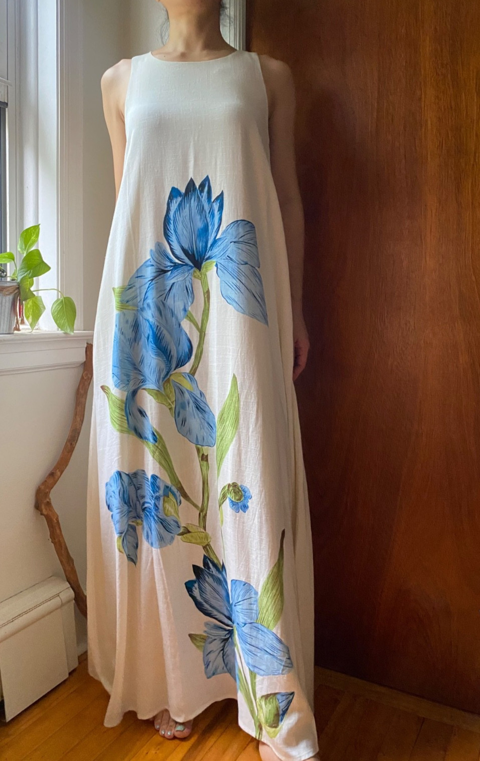 NWT White Closet Elements Cream rayon linen blend blue Floral Maxi Dress Size XS