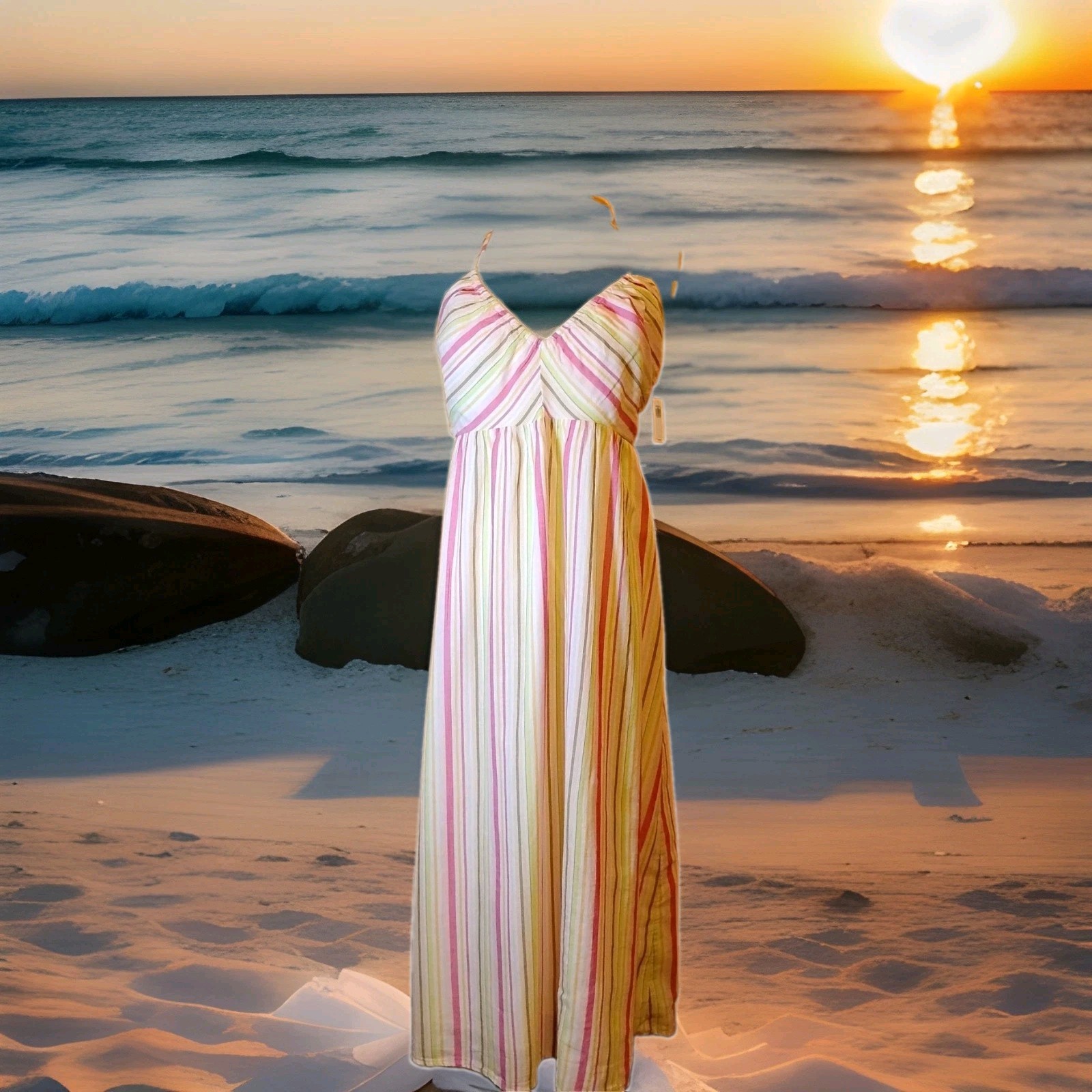 LG Halter Sundress Pastel Pink Multi color Stripe 100 %Cotton Batiste $59