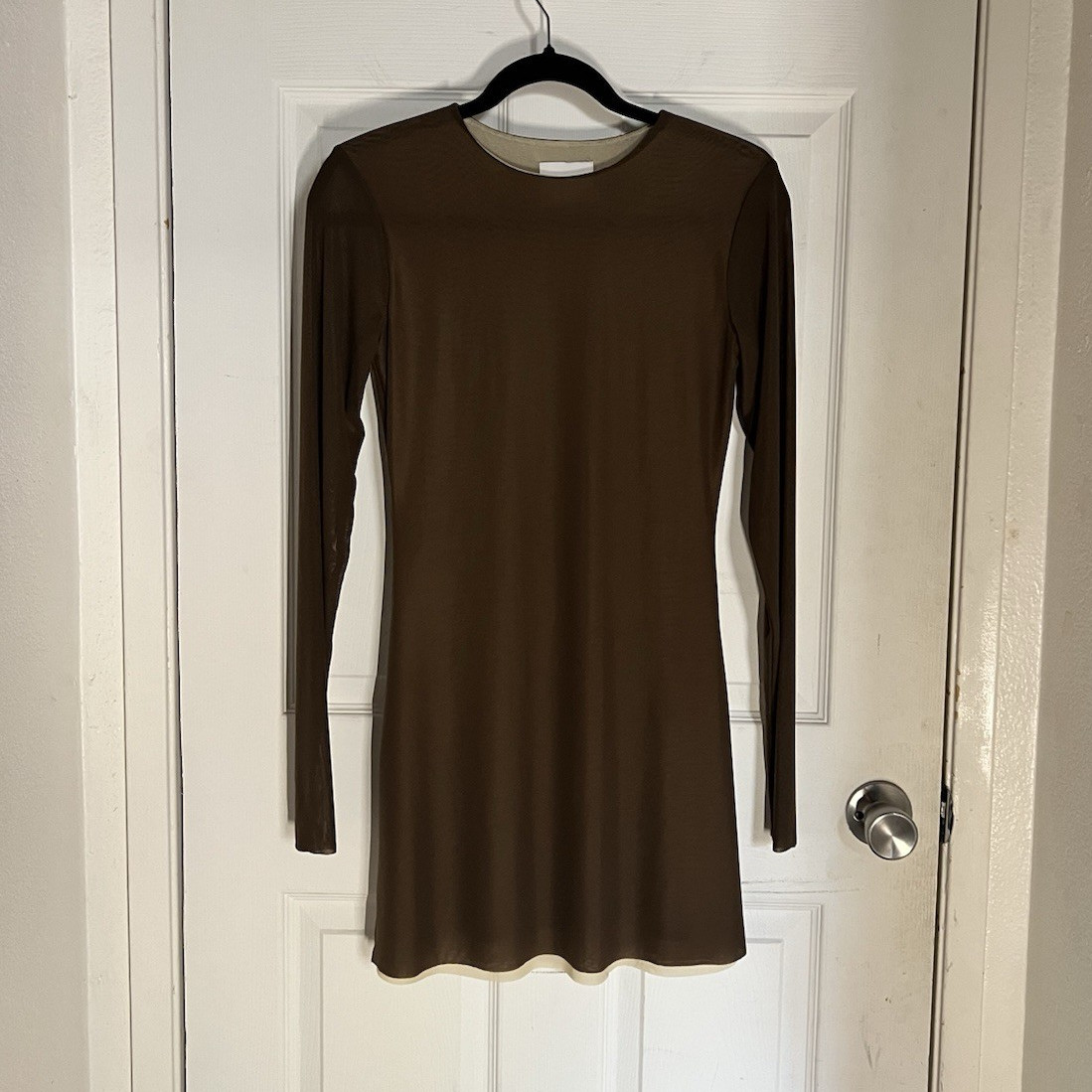 Reformation “Sienna” Brown Sheer Mesh Stretch Knit Mini Dress, Size Small