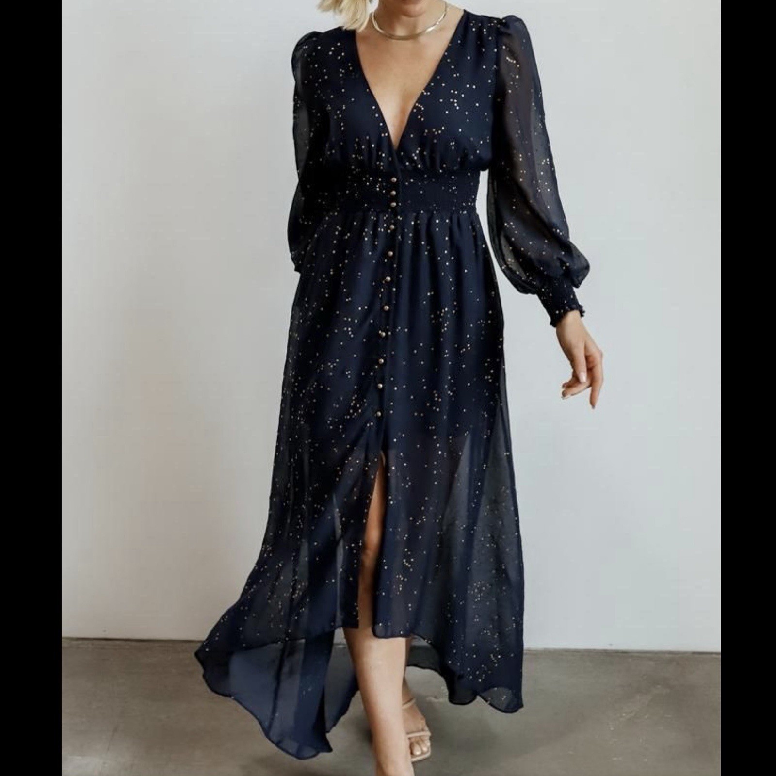 Soieblu Dress Semi Sheer High Low Button Up Maxi Navy Lined Gold Sparkly Dots L