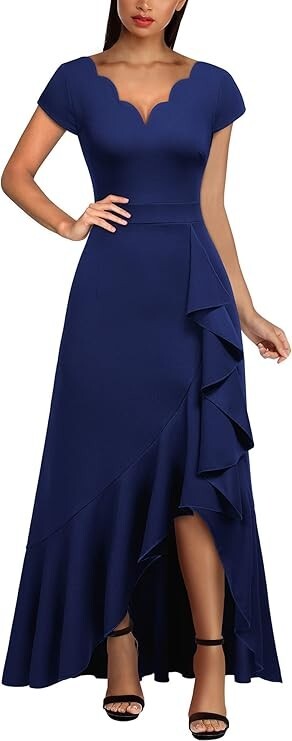 NWT Miusol Vintage Scalloped Neck Detail Ruffle Front Split Small Navy Blue