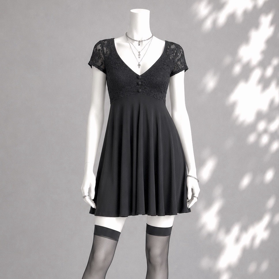 Vintage 90s Laundry Shelli Segal Babydoll Dress XS/S Black Lace Grunge Mini