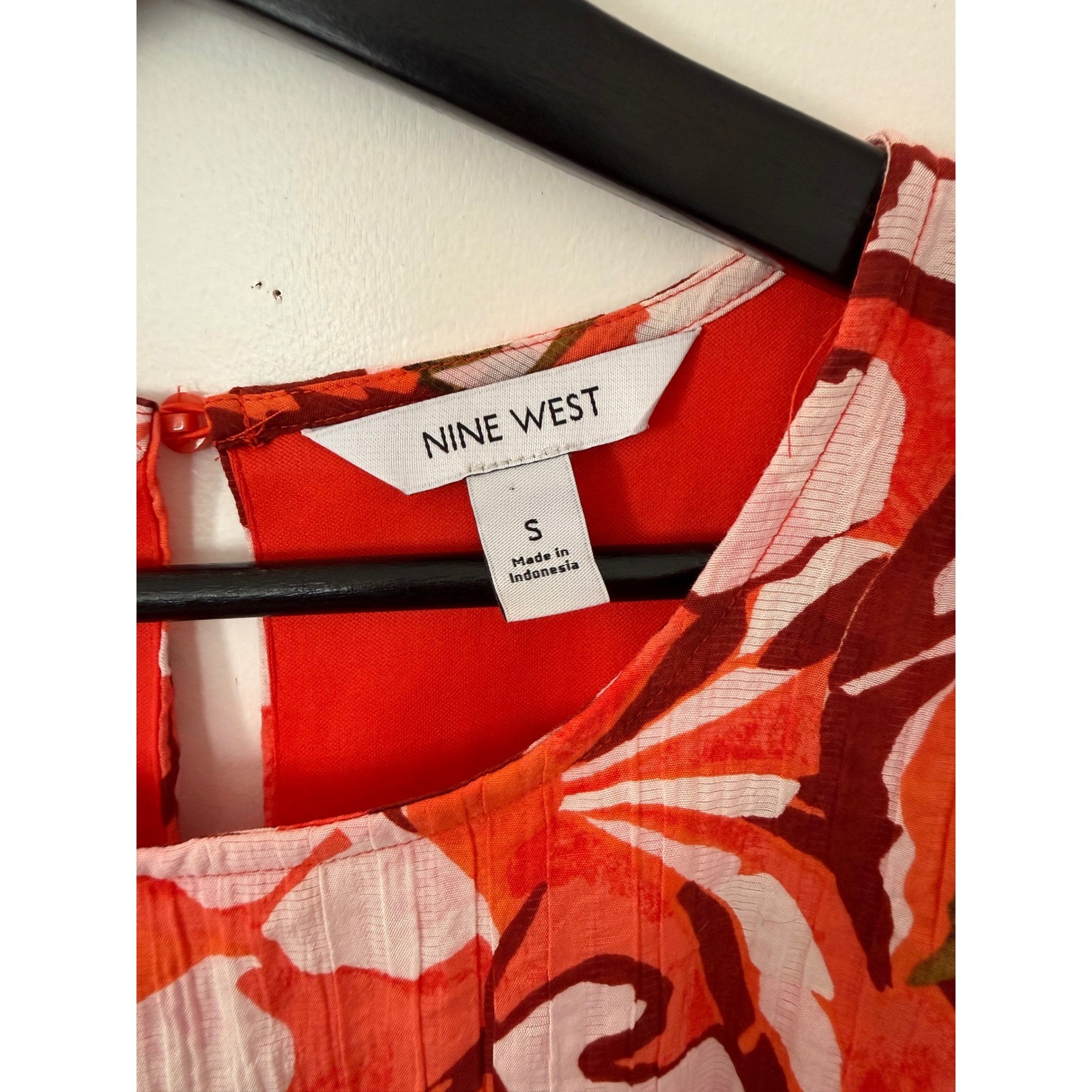 Nine West Red Tropical Leaf Tiered Midi Dress Sleeveless Small