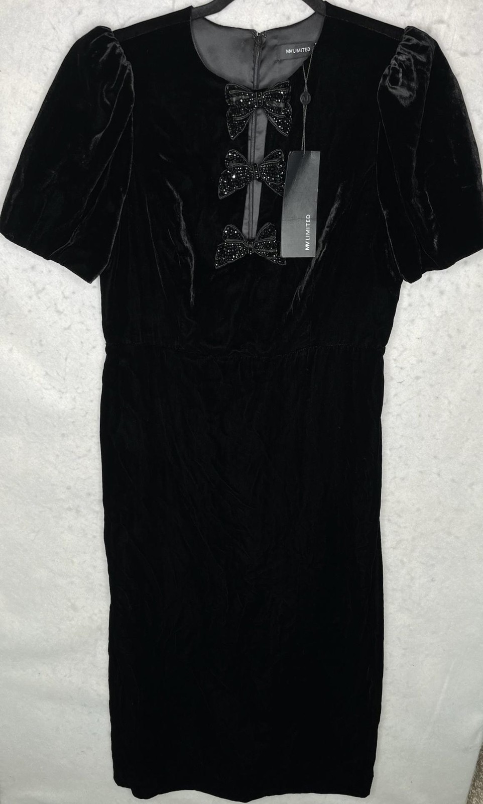 Mint Velvet Dress Womens 8 Black Velvet Bow Midi Beaded Puff Sleeve Cocktail