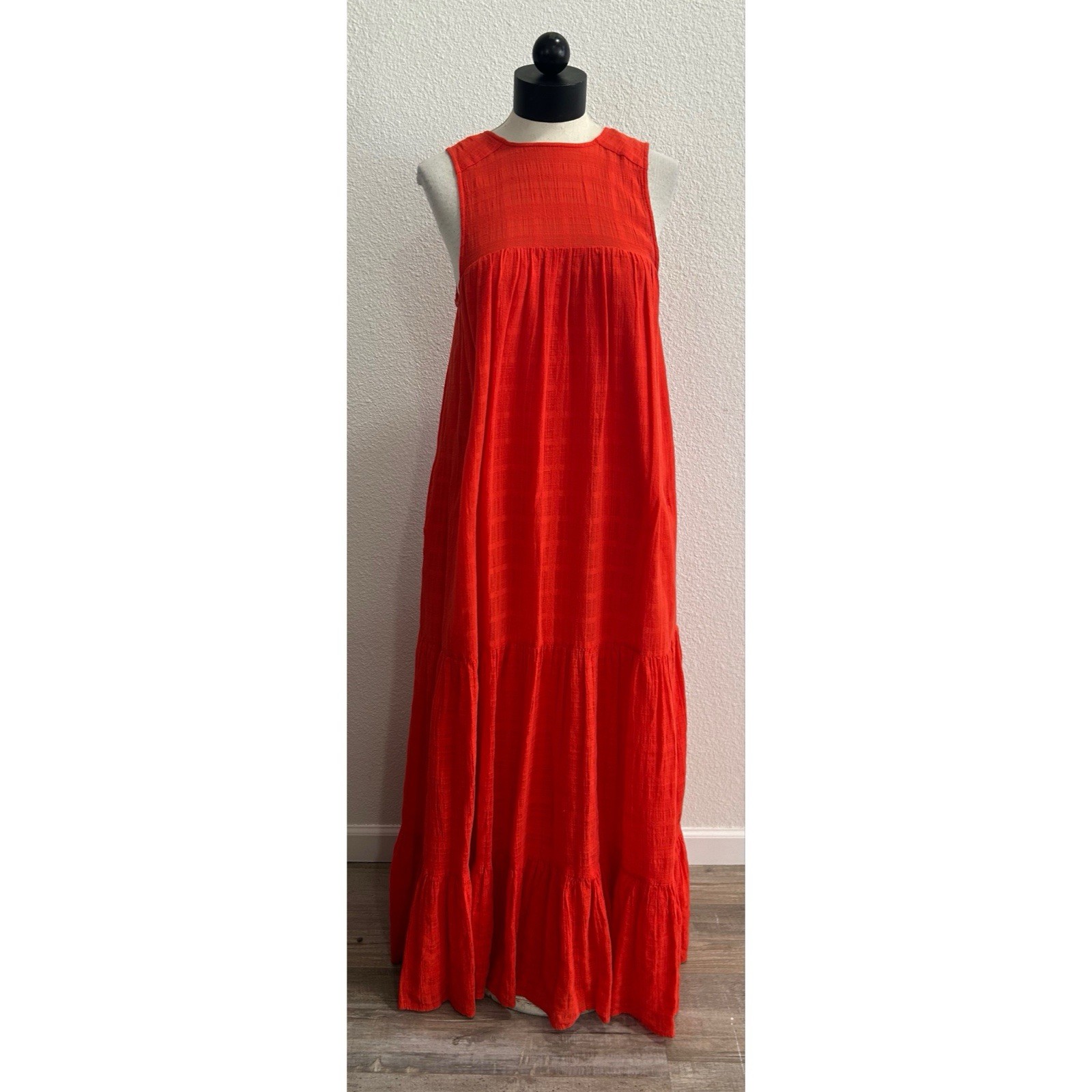 Requin NYC Cotton Tiered Smock Stella Maxi Dress Lined Medium Red Setosa Coral