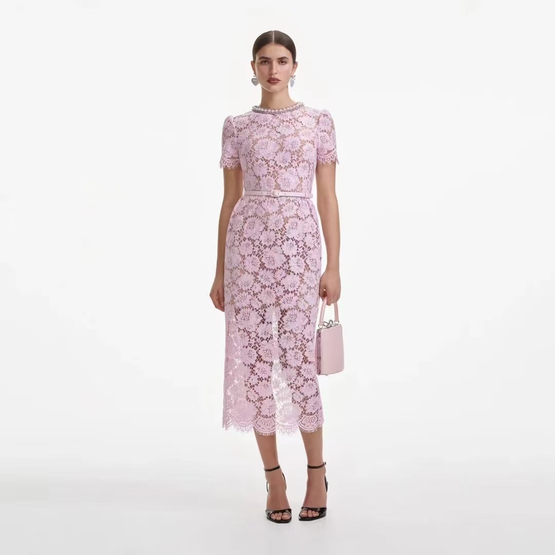 Self-Portrait Lace lace Round neck Pink dress Evening dress Hand beading belt