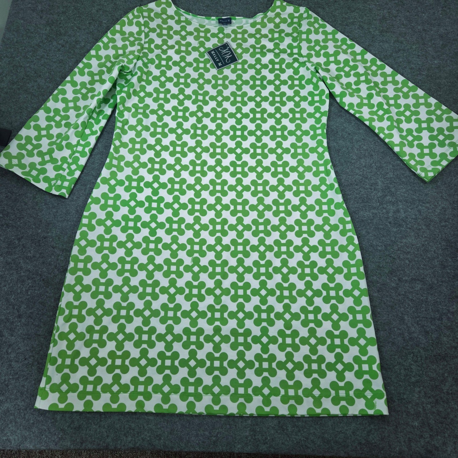 Melly M Dress XL Green White Geometric Boat Neck Wri kle Resistant Shift NWT