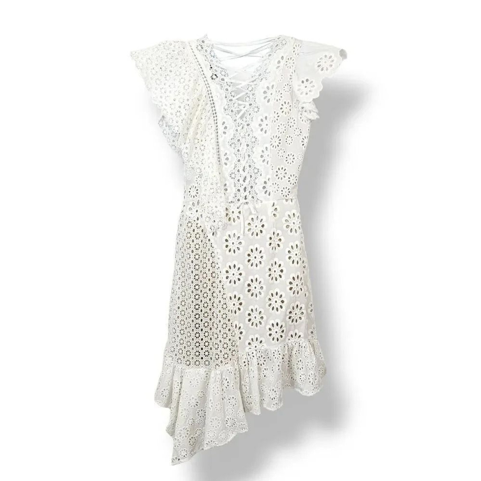 Sea New York Embroidered Eyelet Asymmetrical Lace Up Edie Dress in White Size 10