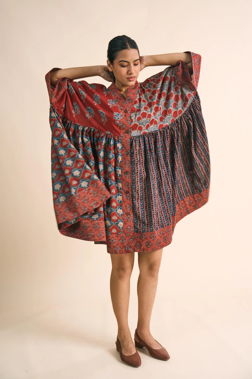 Patchwork Hand-Block Printed Cotton Kaftan Dress: Bohemian Red & Blue