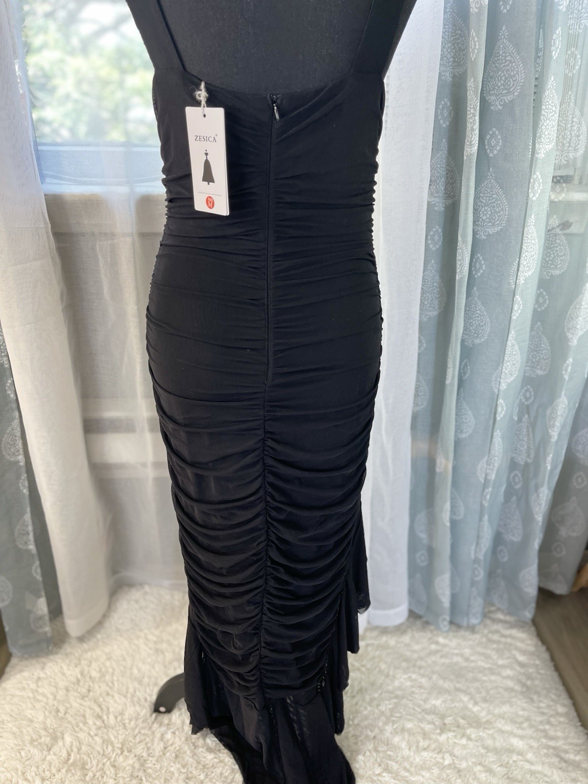 ZESICA Women’s Black Solid Ruched Sheer Mesh Ruffle Bodycon Midi Dress M