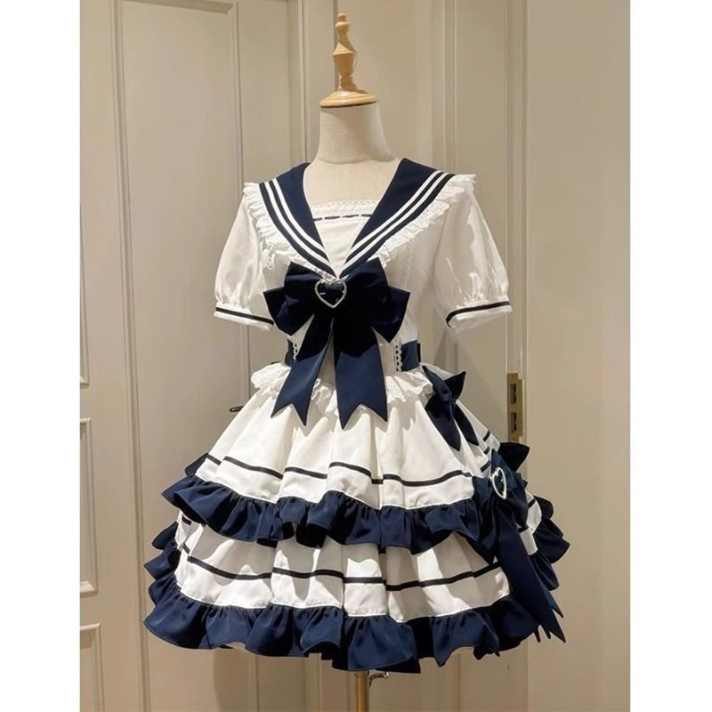 Japanese Cute Kawaii Sailor Dress Short Sleeve JK Lolita Bow Ruffles Short Dress