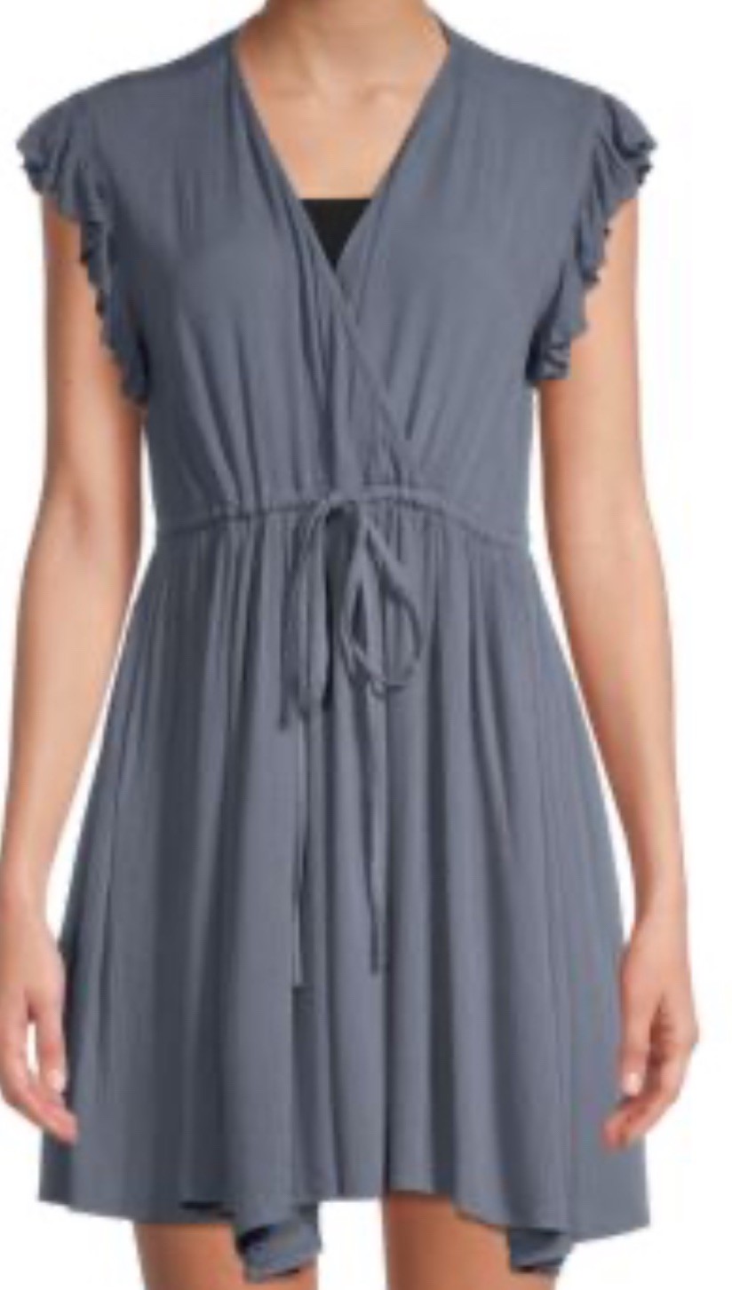 Elan Boho Ruffle Mini Dress XL Blue Crinkle Drawstring Coverup Cottagecore