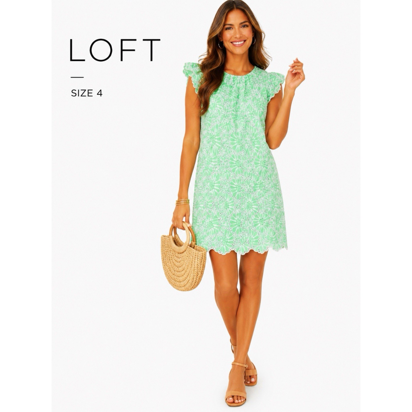 Loft Green Floral Eyelet Mini Dress Size 4 New!