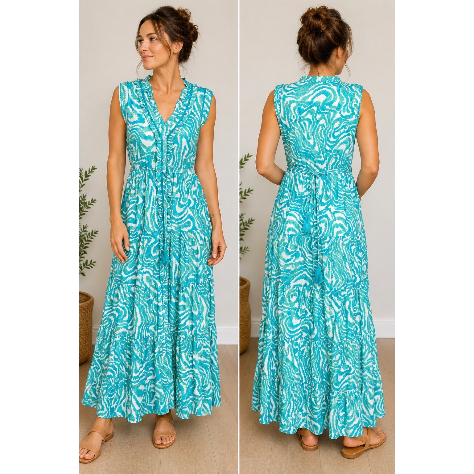 True Destinations Teal White Abstract Print Ruffle Tiered Maxi Dress Womens L